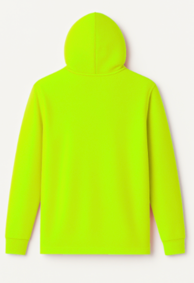 Back view of a bright green hoodie on a white background