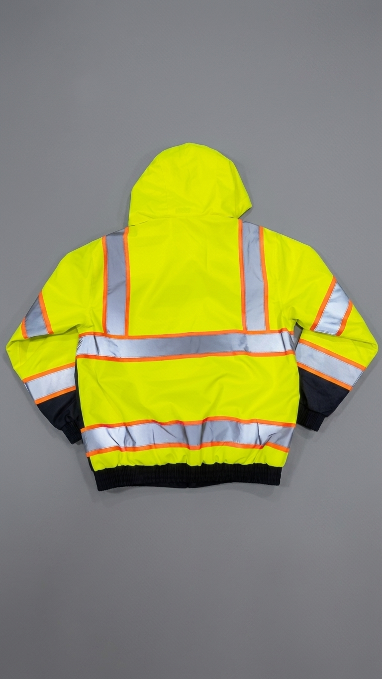 High-visibility safety jacket with reflective stripes on a gray background