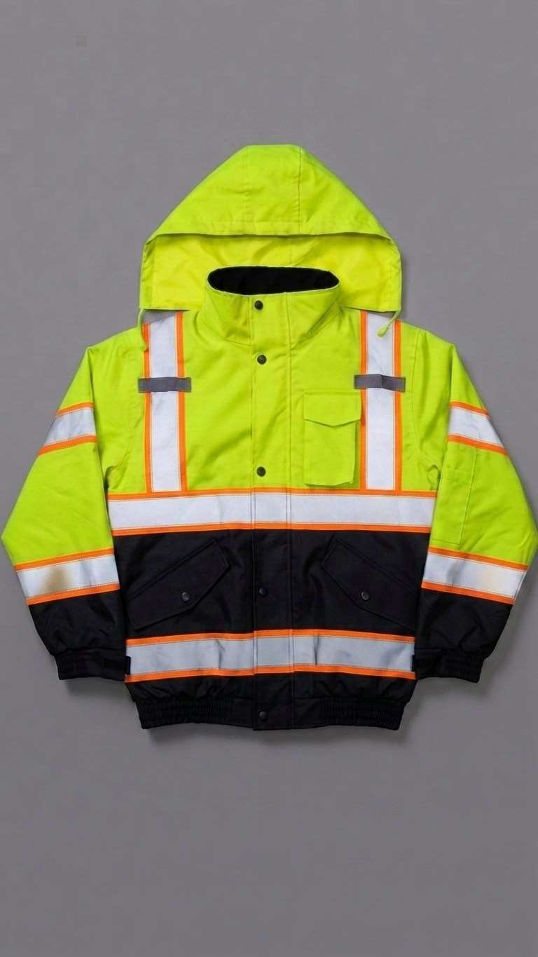 Reflective safety jacket with high-visibility lime green and black colors on a gray background
