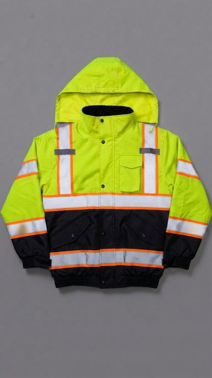 Reflective safety jacket with high-visibility lime green and black colors on a gray background