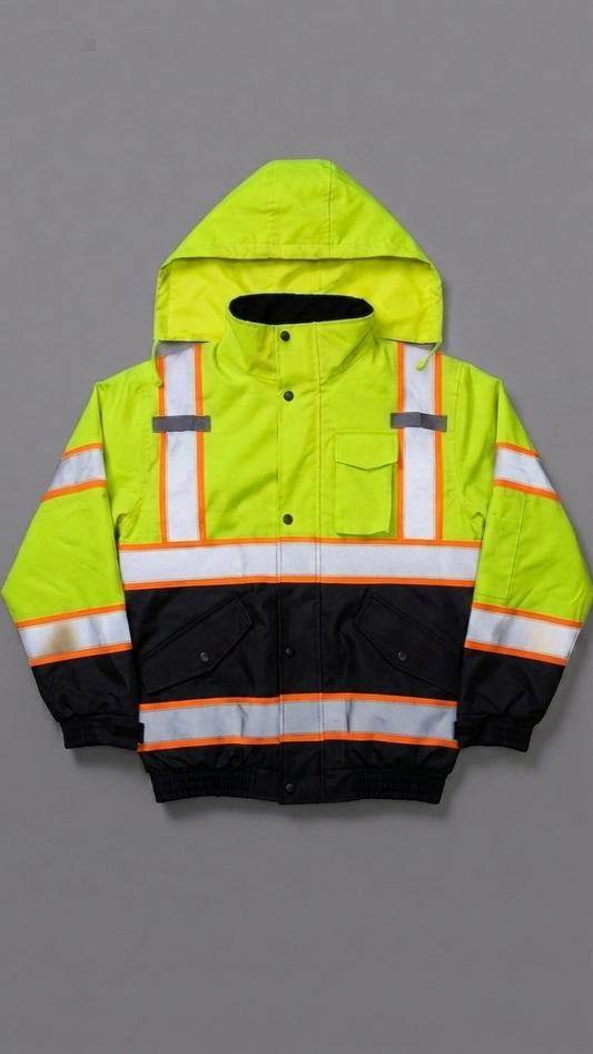 Reflective safety jacket with high-visibility lime green and black colors on a gray background
