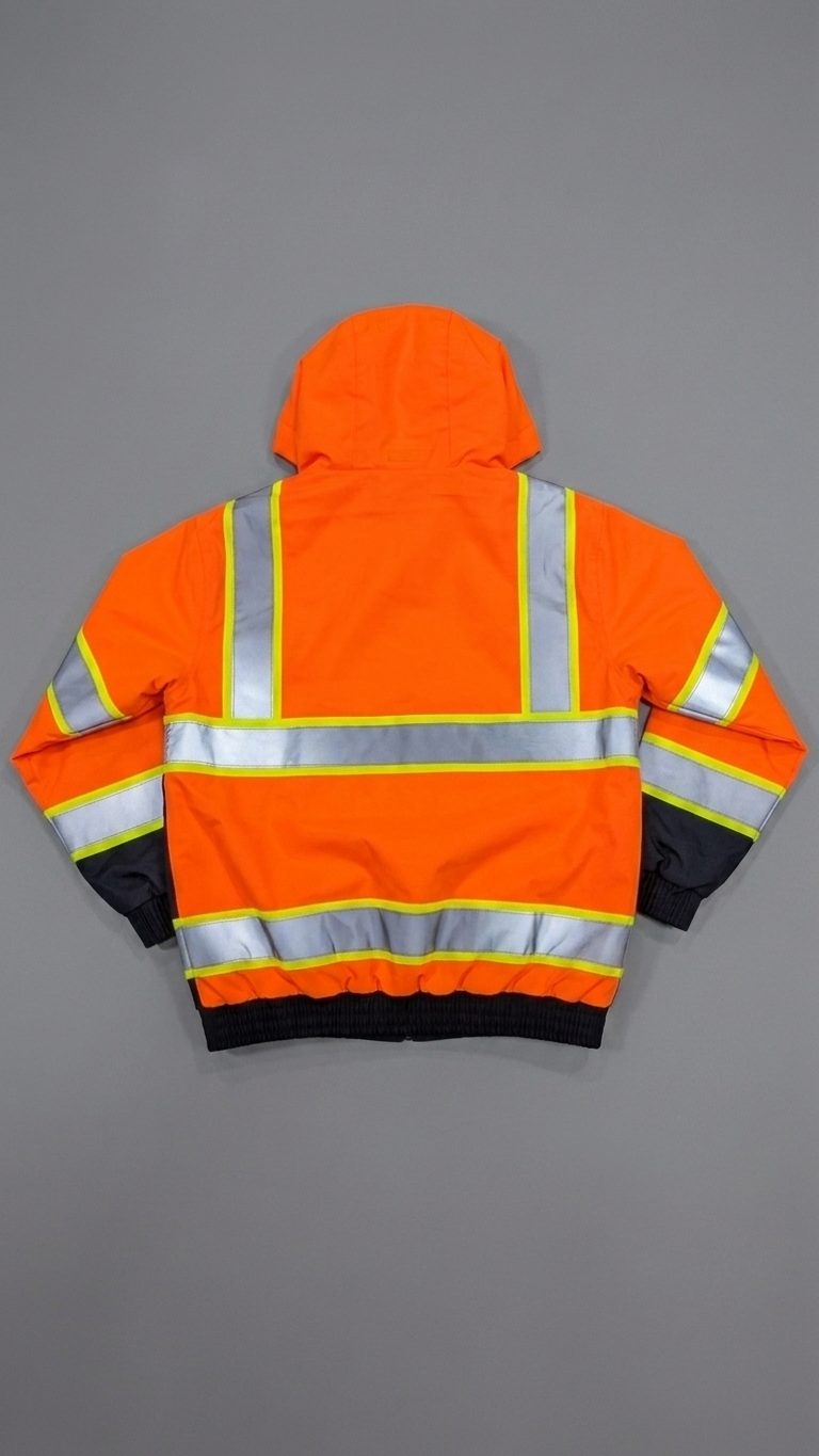 Orange safety jacket with reflective stripes on a gray background