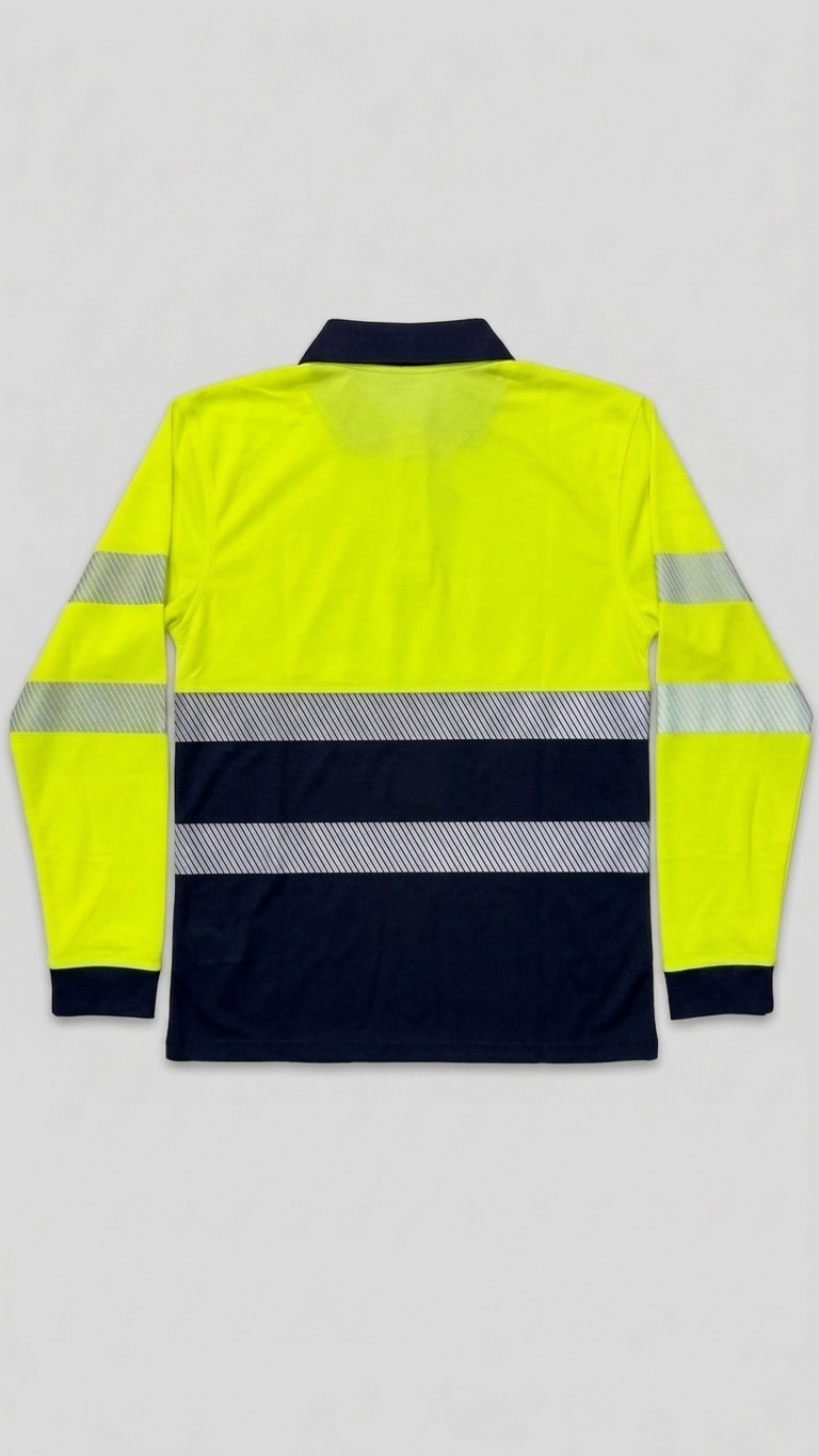 A long-sleeve high-visibility work jacket shown from the back, featuring a bright neon yellow upper body, a dark navy lower body, and reflective silver-gray horizontal and sleeve stripes.