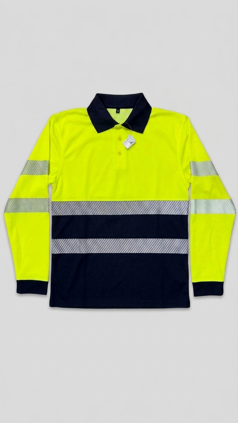 A long-sleeve high-visibility polo shirt in bright green and dark navy, featuring reflective silver-gray stripes on the sleeves and across the chest.