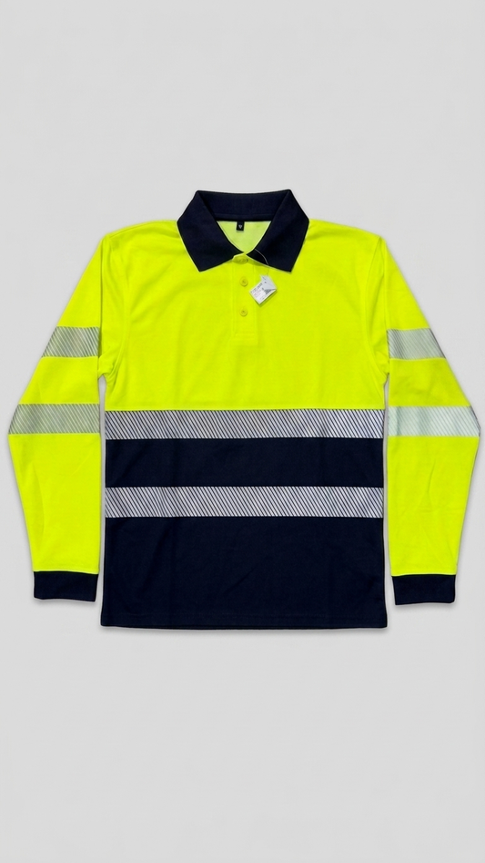 A long-sleeve high-visibility polo shirt in bright green and dark navy, featuring reflective silver-gray stripes on the sleeves and across the chest.