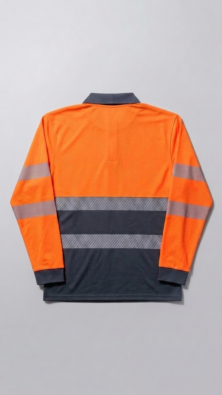 An orange and dark gray high-visibility long-sleeve work shirt shown from the back, featuring reflective silver-gray horizontal stripes on the sleeves and across the back.