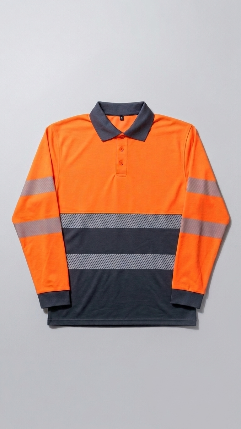 A long-sleeve high-visibility polo shirt in bright orange and dark gray, featuring reflective silver-gray stripes on the sleeves and across the chest.