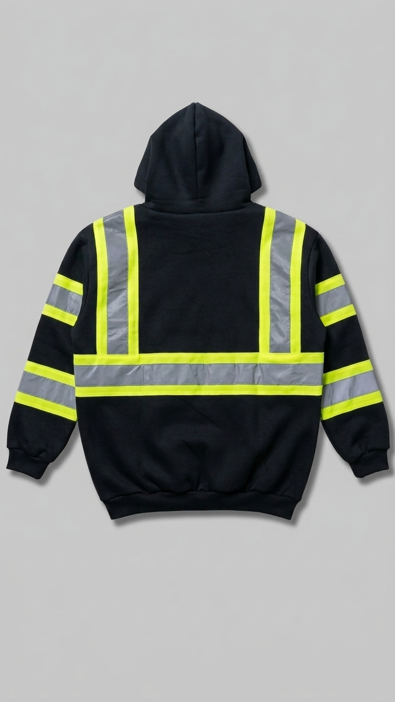 Black hoodie with reflective yellow and gray stripes on a gray background