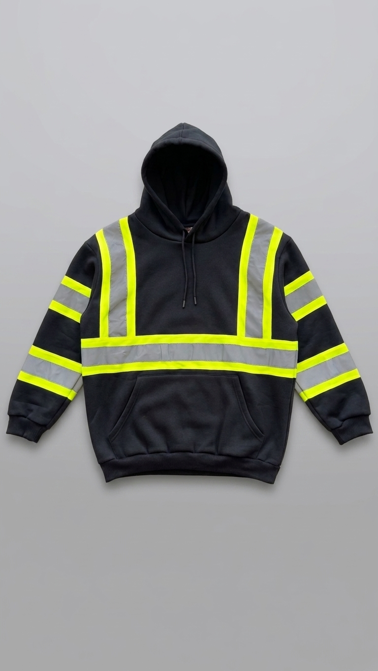Black hoodie with high-visibility yellow and reflective gray stripes on a gray background