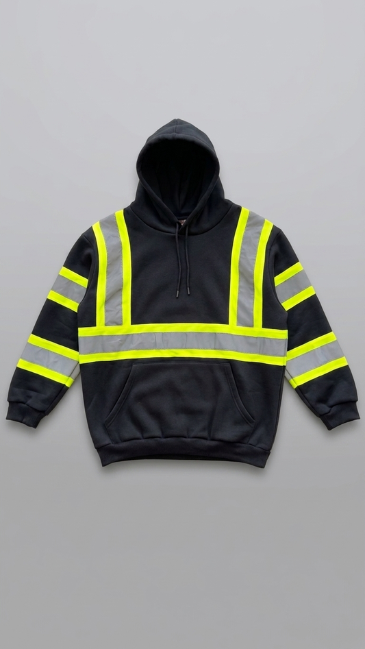 Black hoodie with high-visibility yellow and reflective gray stripes on a gray background