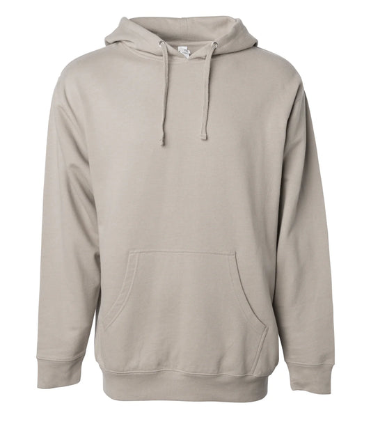 A green pullover hoodie with a hood, drawstrings, and a front pocket.