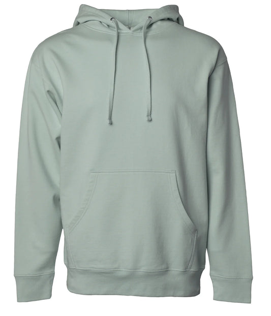 A green pullover hoodie with a hood, drawstrings, and a front pocket.