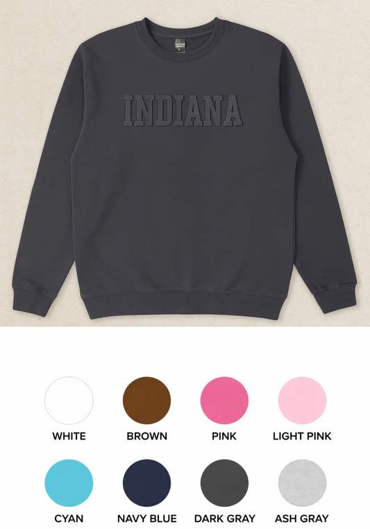 Gray sweatshirt with 'INDIANA' text embossed print on a beige background, color swatches below.