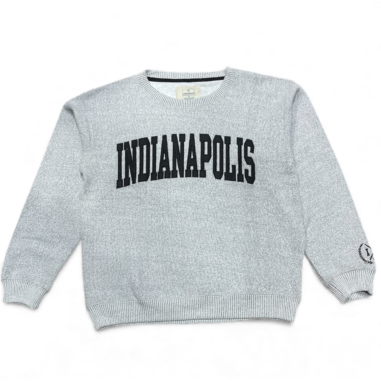 Gray sweater with 'Indianapolis' text on a white background
