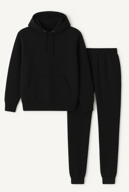 Black hoodie and black pants set on a white background
