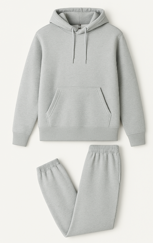 Gray hoodie and pants set on a white background