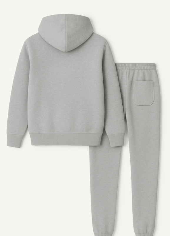 Gray hoodie and jogger pants set on a white background
