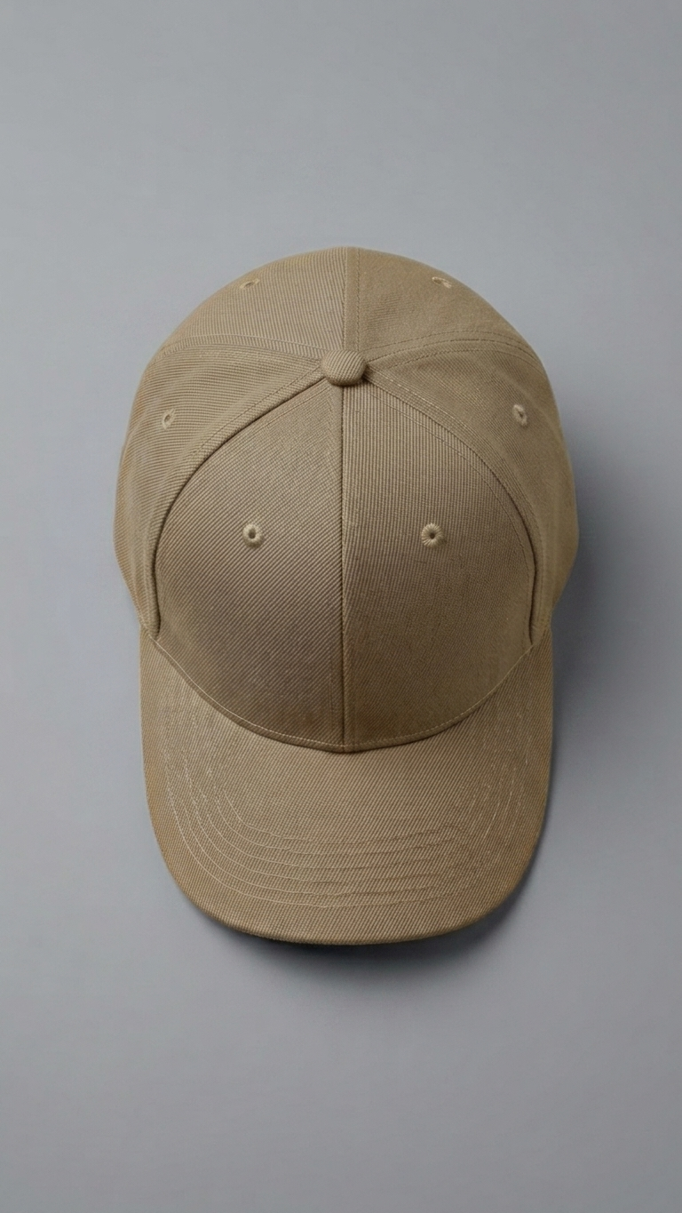 top of khaki  baseball cap on a gray background