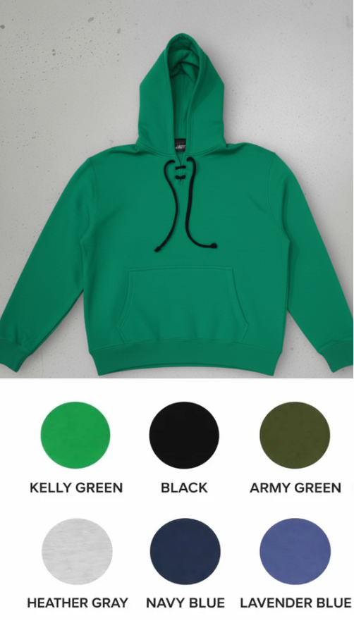 Green hoodie with a black graphic on a gray background, accompanied by color swatches below.