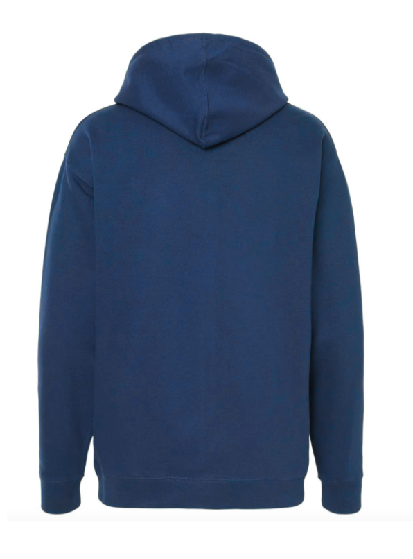 Blue hoodie shown from the back on a white background