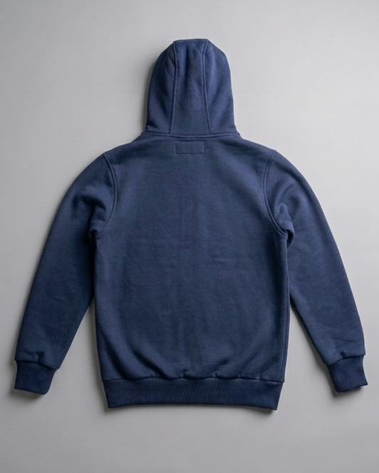 back of navy blue sherpa line zip-up hoodie 