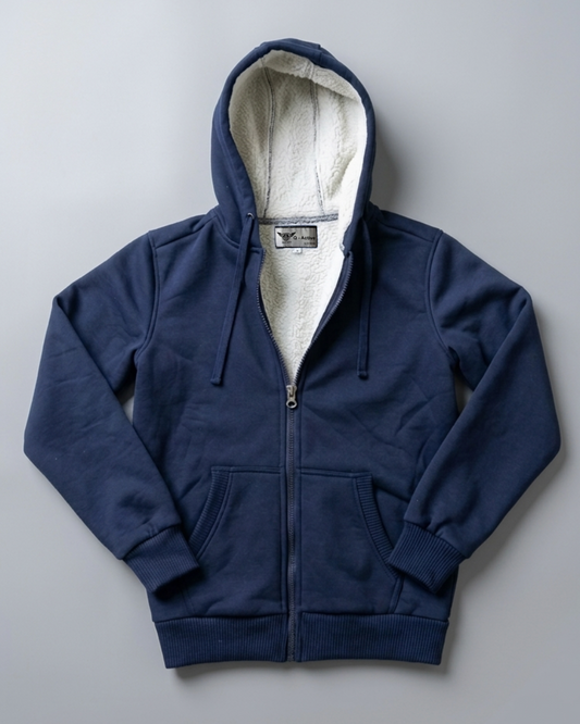 Navy blue hoodie with sherpa lining on a gray background