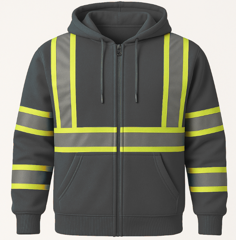 Dark gray hoodie with high-visibility yellow stripes on a light gray background