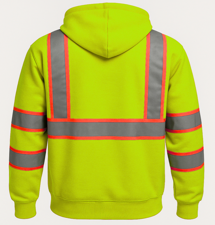 Yellow safety hoodie with reflective stripes on a white background