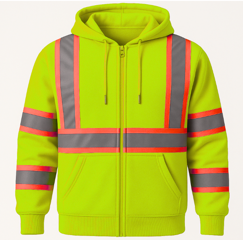 High-visibility green hoodie with reflective stripes on a white background