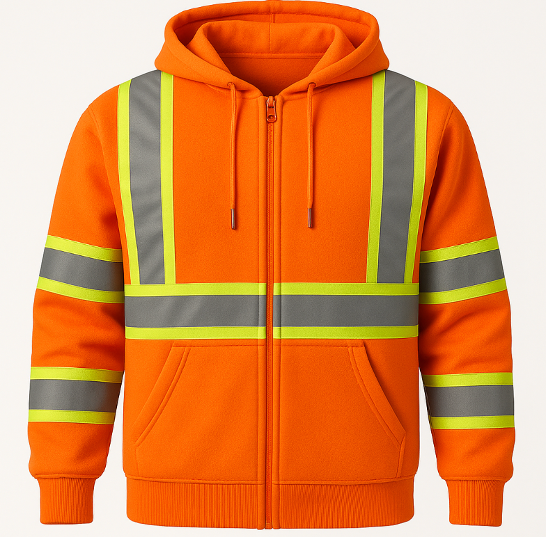 Orange hoodie with reflective stripes on a light gray background