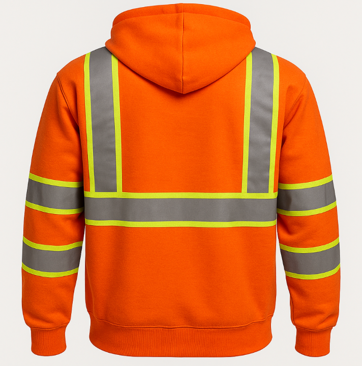 Orange hoodie with reflective stripes on a plain background