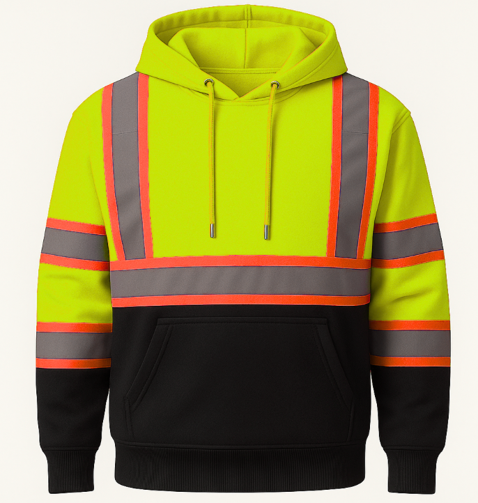 High-visibility hoodie with reflective stripes on a white background