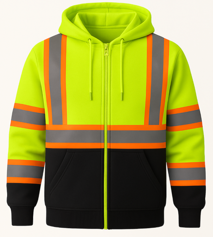 High-visibility safety hoodie with reflective stripes on a white background