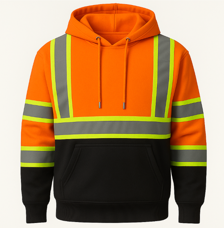 Orange and black hoodie with reflective stripes on a white background