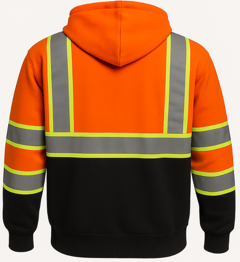 Orange and black hoodie with reflective stripes on a white background