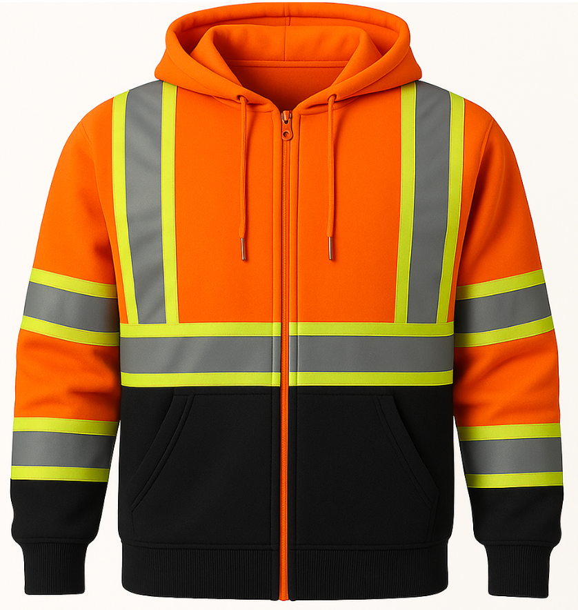 Orange and black safety hoodie with reflective stripes on a white background