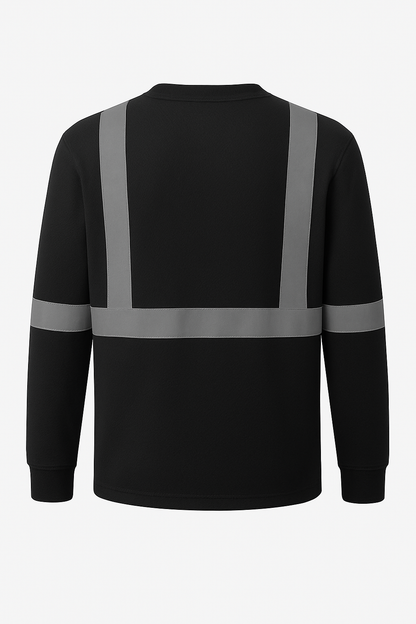 Black long-sleeve shirt with reflective gray stripes on a white background