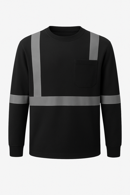 Black long-sleeve shirt with reflective gray stripes on a white background