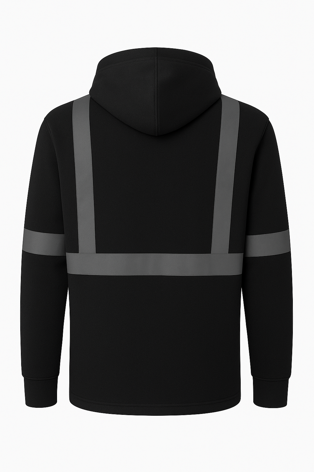 Black hoodie with reflective stripes on a white background