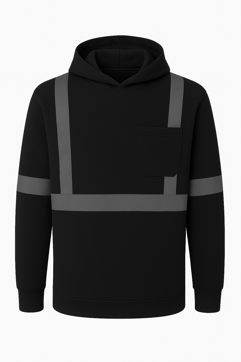 Black hoodie with reflective stripes on a white background