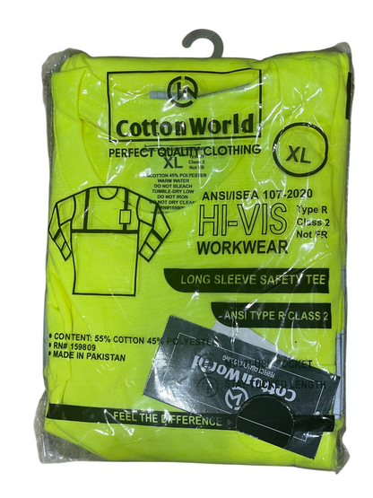 Packaged yellow long-sleeve safety shirt with Cotton World branding on a white background