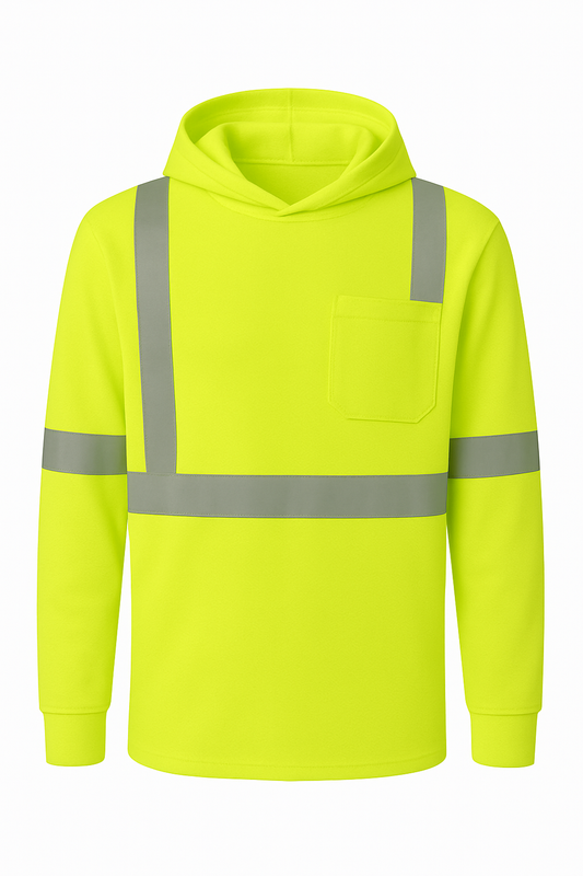 High-visibility yellow hoodie with reflective stripes on a white background