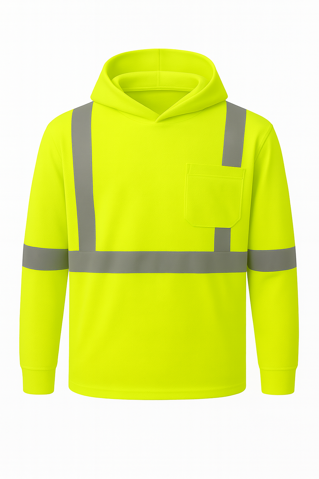 High-visibility yellow hoodie with reflective stripes on a white background
