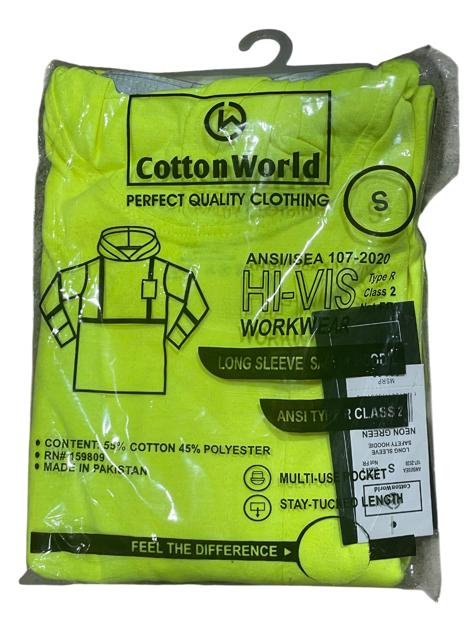 Packaged yellow long-sleeve shirt with Cotton World branding on a white background
