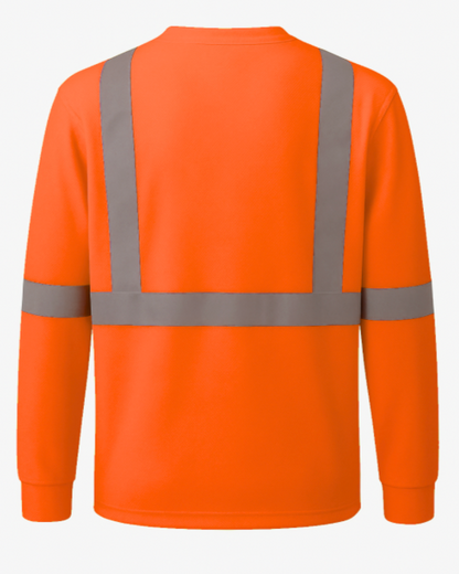 Orange long-sleeve shirt with reflective stripes on a white background