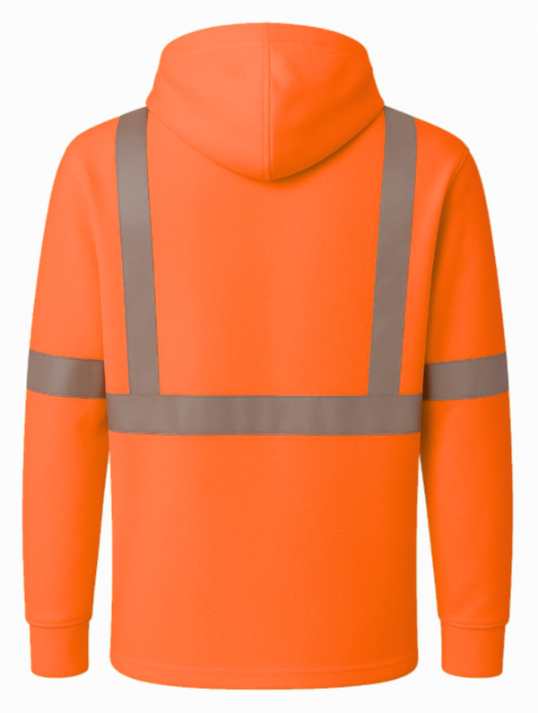 Orange hoodie with reflective stripes on a white background