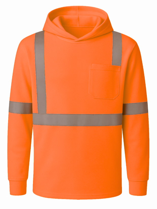 Orange hoodie with reflective stripes on a white background
