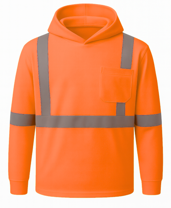 Orange hoodie with reflective stripes on a white background
