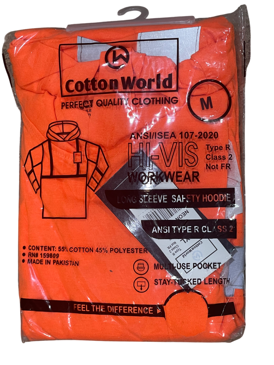 Orange packaging of Cotton World Hi-Vis workwear with safety hoodie on a white background