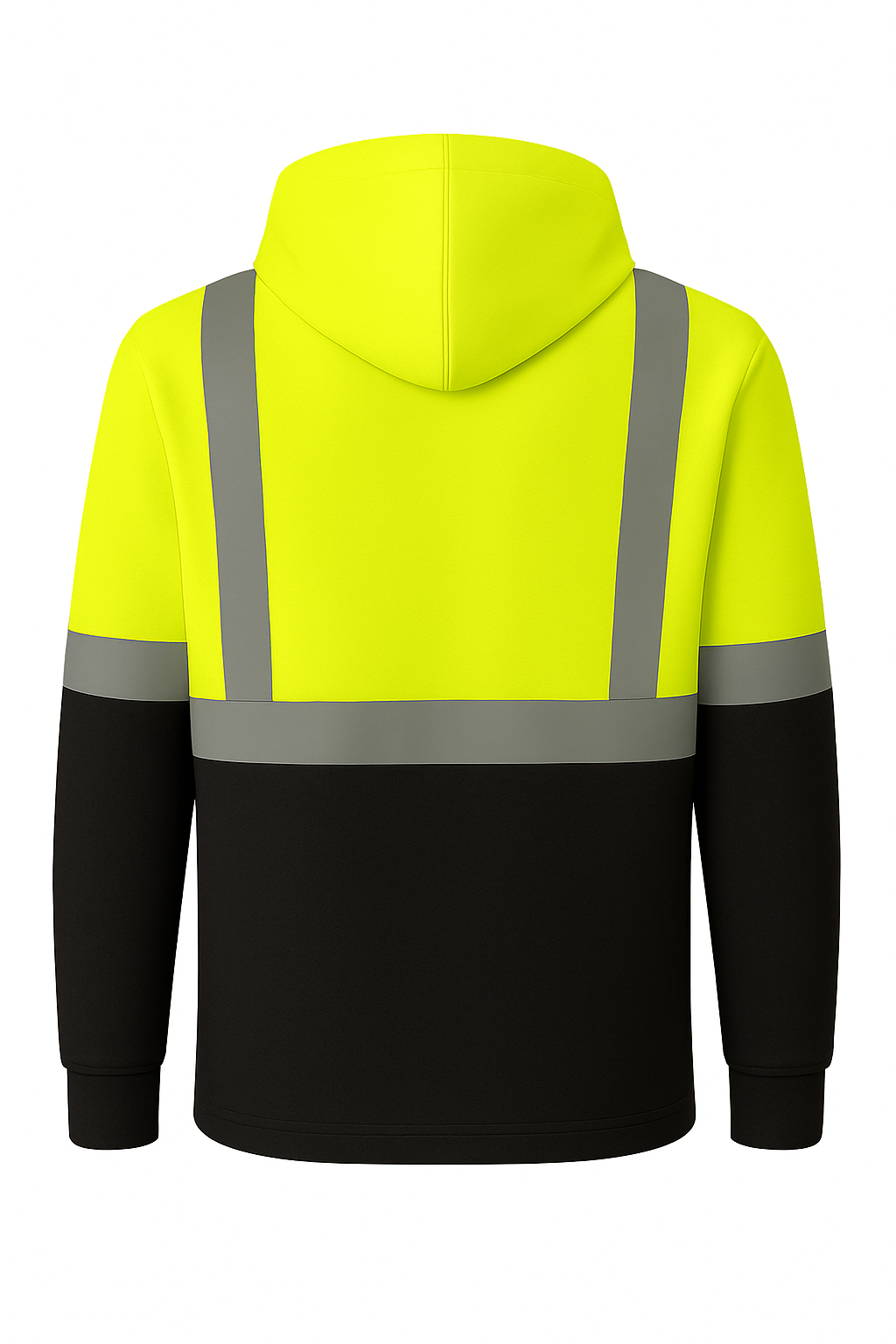 Back view of a yellow and black safety hoodie with reflective stripes on a white background
